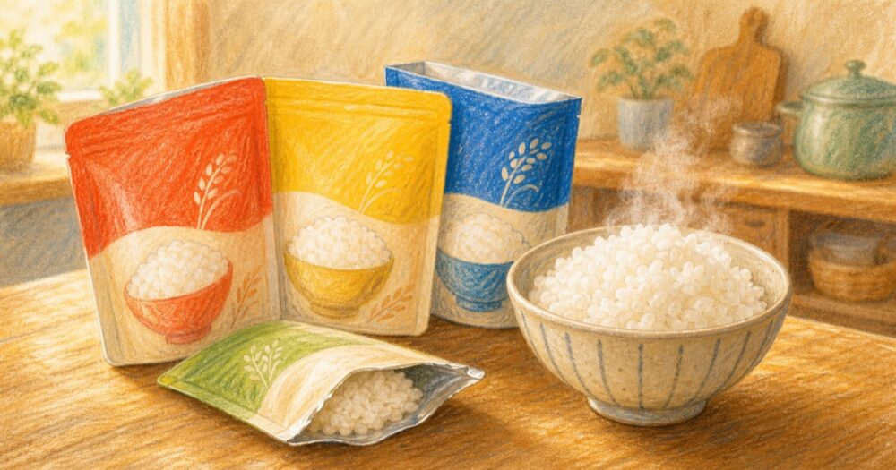 赤・黄・青・緑のパックご飯の袋4つと、湯気の立つ白いご飯を盛った茶碗が木のテーブルに並ぶ