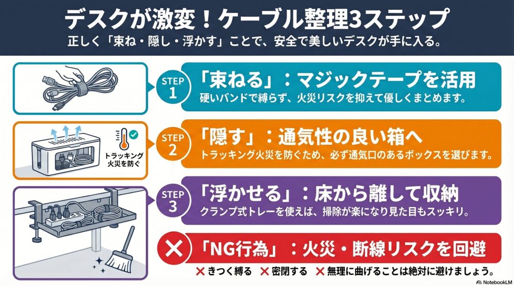 デスクのケーブル整理3ステップ早見表 インフォグラフィック
