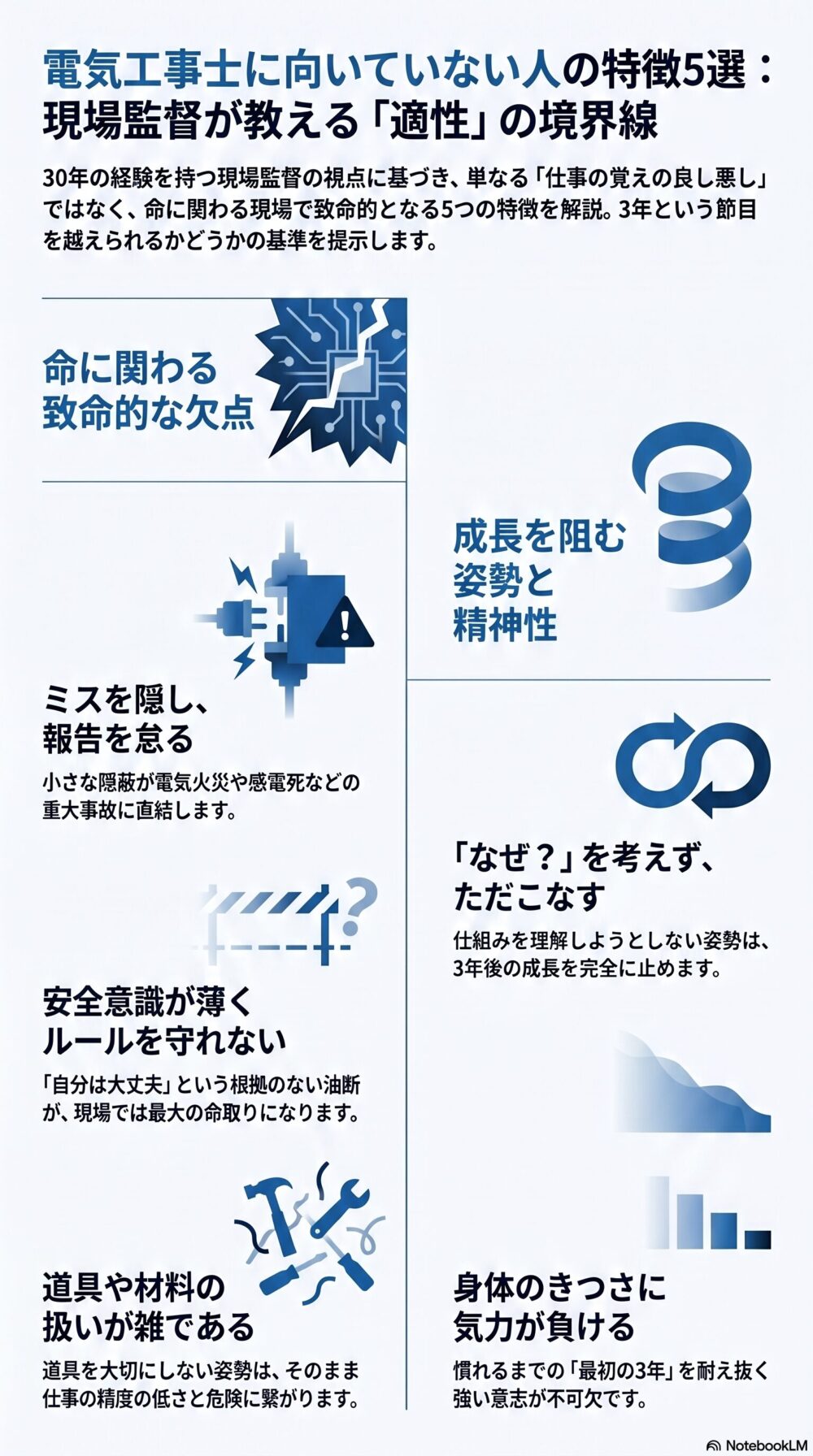 電気工事士に向いていない人の特徴5選インフォグラフィック