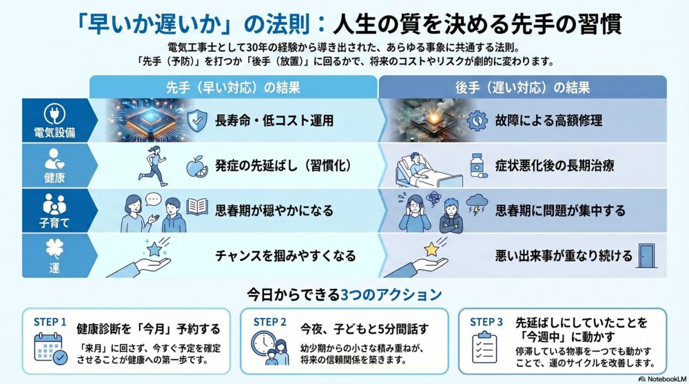 早いか遅いか法則 4分野まとめインフォグラフィック