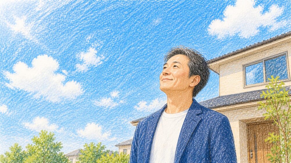 住宅ローン一括返済を達成した男性が青空を見上げているイメージ画像