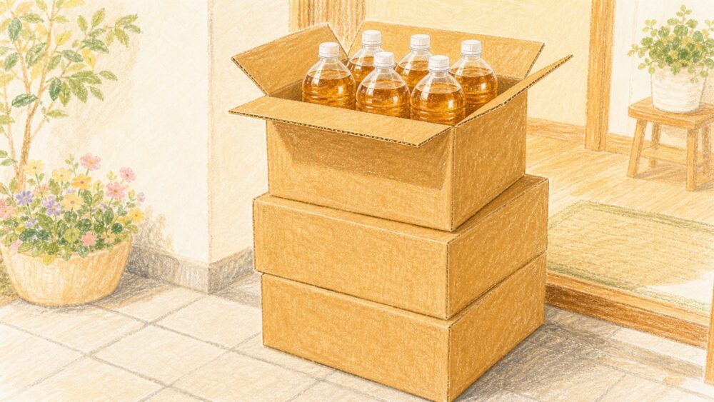 玄関先に届いた飲み物の段ボール箱。一番上の箱から2Lのお茶のペットボトルが見えているクレヨン画風のイラスト