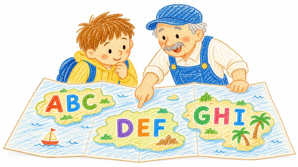 ITパスポートの用語マップを広げる学生と道案内する作業服の男性のクレヨン風イラスト