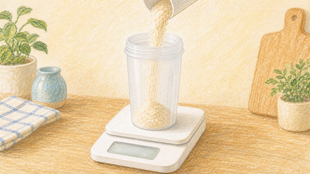 キッチンのはかりに載せたシェイカーにプロテインの粉を注いでいるクレヨン画風のイラスト