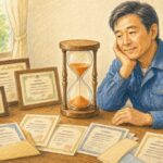 机に並んだ額入りと封筒のままの合格証、砂時計、頬づえをつく青い作業服の男性のイラスト