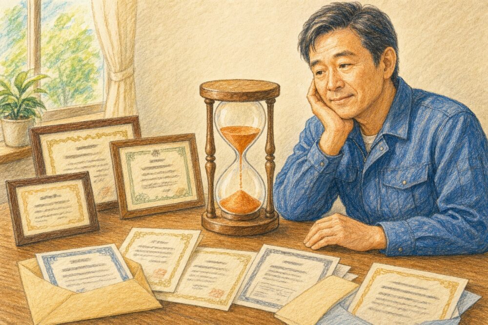 机に並んだ額入りと封筒のままの合格証、砂時計、頬づえをつく青い作業服の男性のイラスト