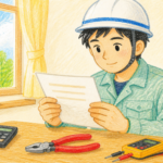 ヘルメットと作業服姿の若い電気工事士が、明るい窓辺の机で給料明細を見ている。机には電卓とペンチ、テスターが置いてある