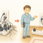 ぎゅうぎゅうのたこ足配線と、壁のコンセントに整理されたプラグを対比するイラスト。電気工事士がすっきりした側を手で示している