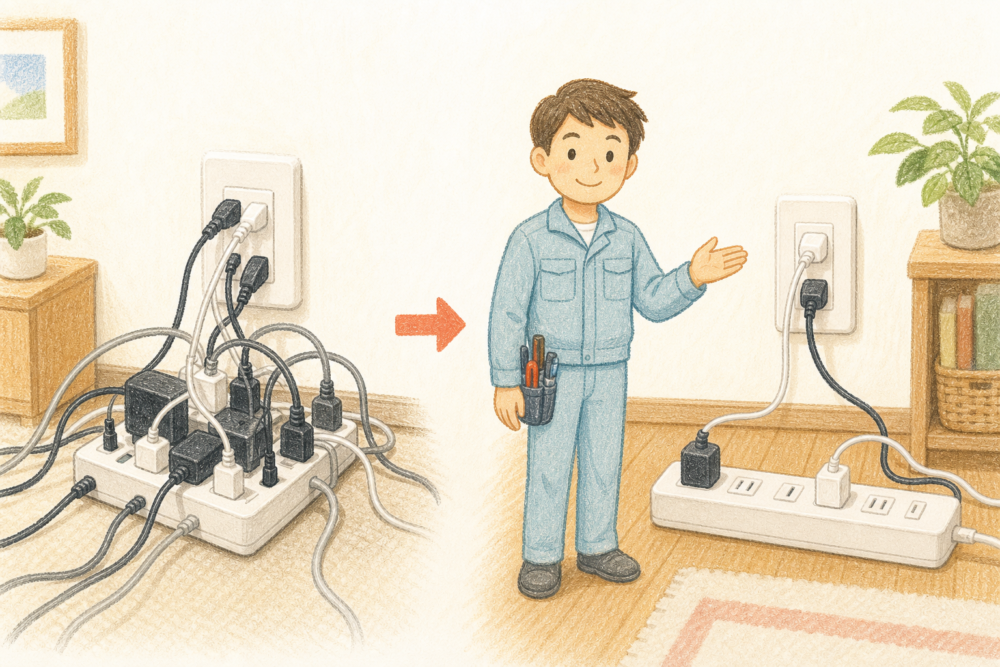 ぎゅうぎゅうのたこ足配線と、壁のコンセントに整理されたプラグを対比するイラスト。電気工事士がすっきりした側を手で示している
