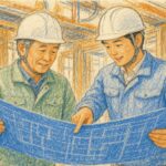 ヘルメット姿の年配の職人と若い現場監督が、建設中の現場で青焼きの図面を一緒に広げて指をさしながら話している