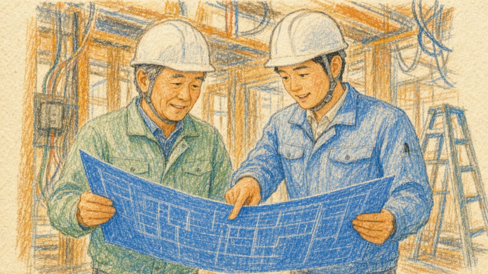 ヘルメット姿の年配の職人と若い現場監督が、建設中の現場で青焼きの図面を一緒に広げて指をさしながら話している