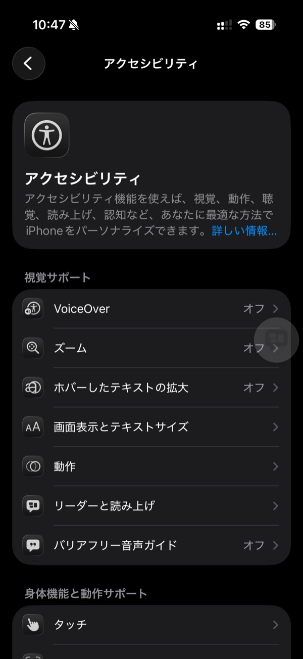 iPhoneの設定アプリのアクセシビリティ画面。視覚サポートの中に「リーダーと読み上げ」が並んでいる