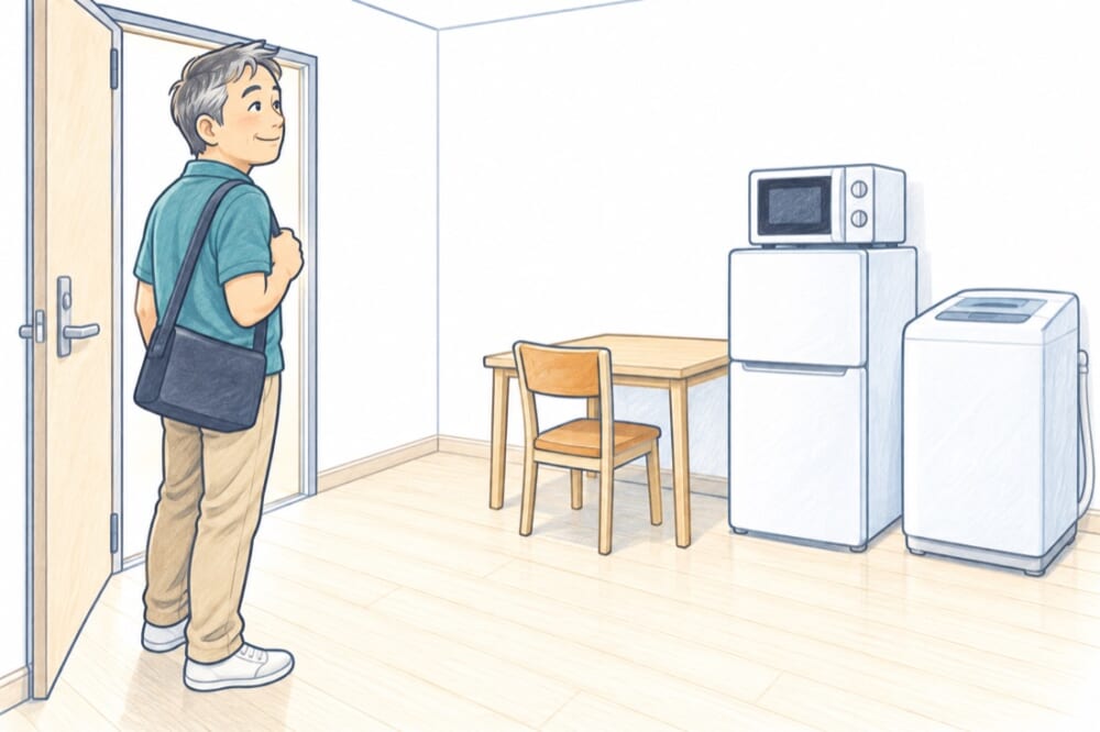 カバンひとつを肩にかけた50代の男性が、冷蔵庫・洗濯機・電子レンジ・食事用の机がすでに置かれたワンルームに、落ち着いた表情で入っていくイラスト