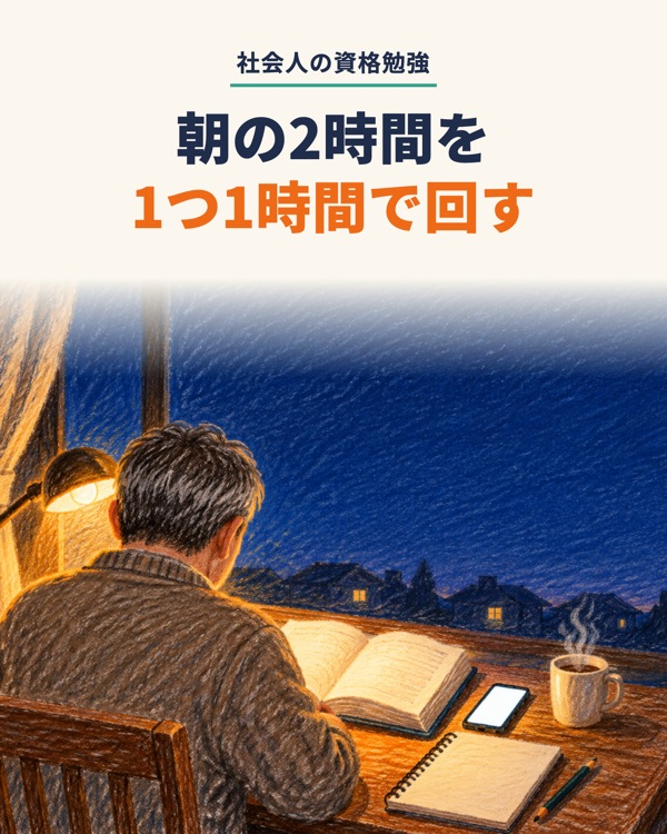 社会人の資格勉強のやり方|1日何時間?朝の2時間を、1つ1時間までで回す